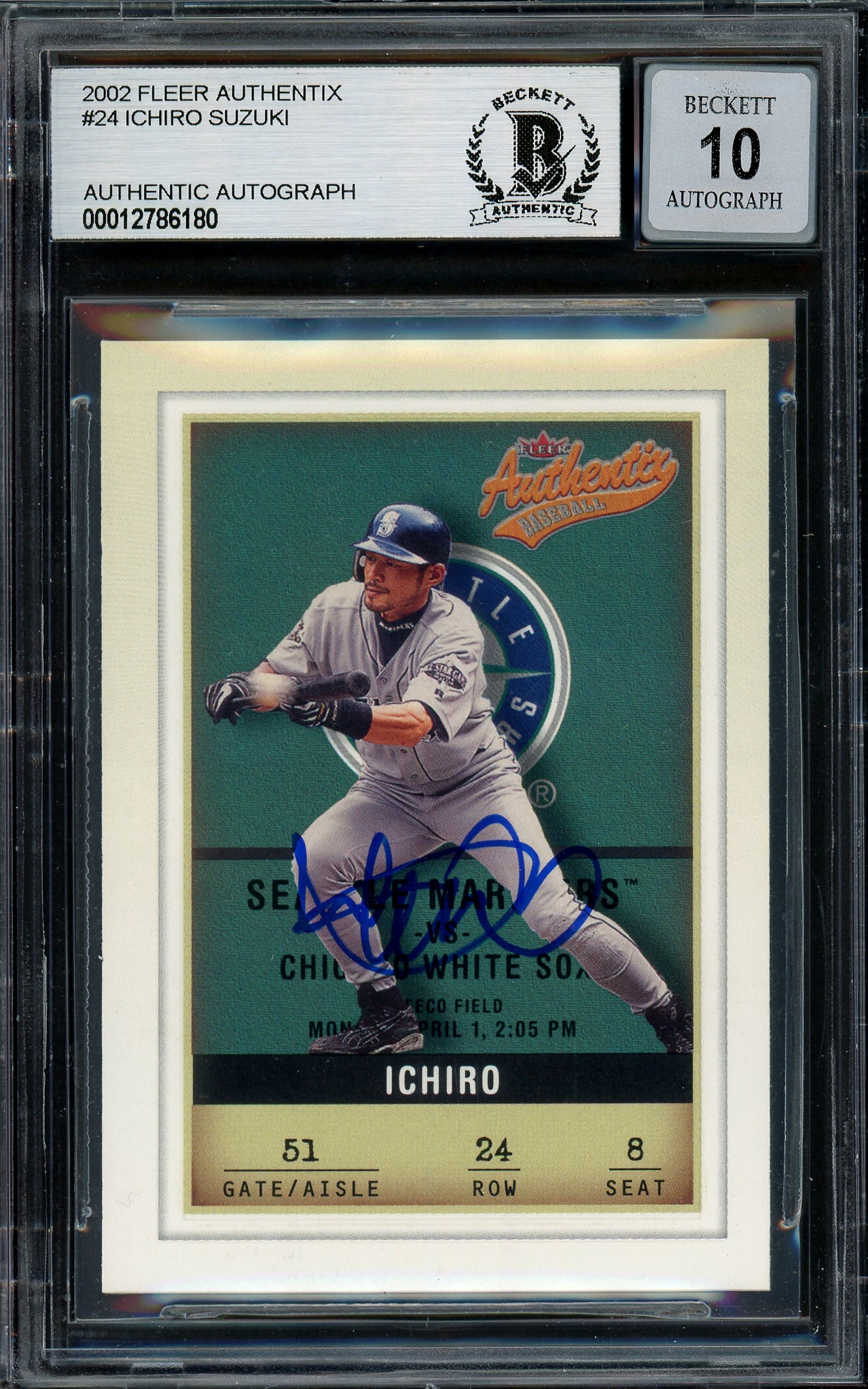 Ichiro Suzuki Autographed 2002 Fleer Authentix Card #24 Seattle Mariners Auto Grade Gem Mint 10 Beckett BAS #12786180
