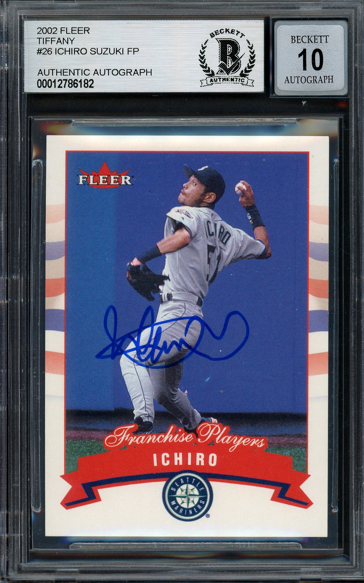 Ichiro Suzuki Autographed 2002 Fleer Tiffany Franchise Players Card #26 Seattle Mariners Auto Grade Gem Mint 10 #134/200 Beckett BAS #12786182