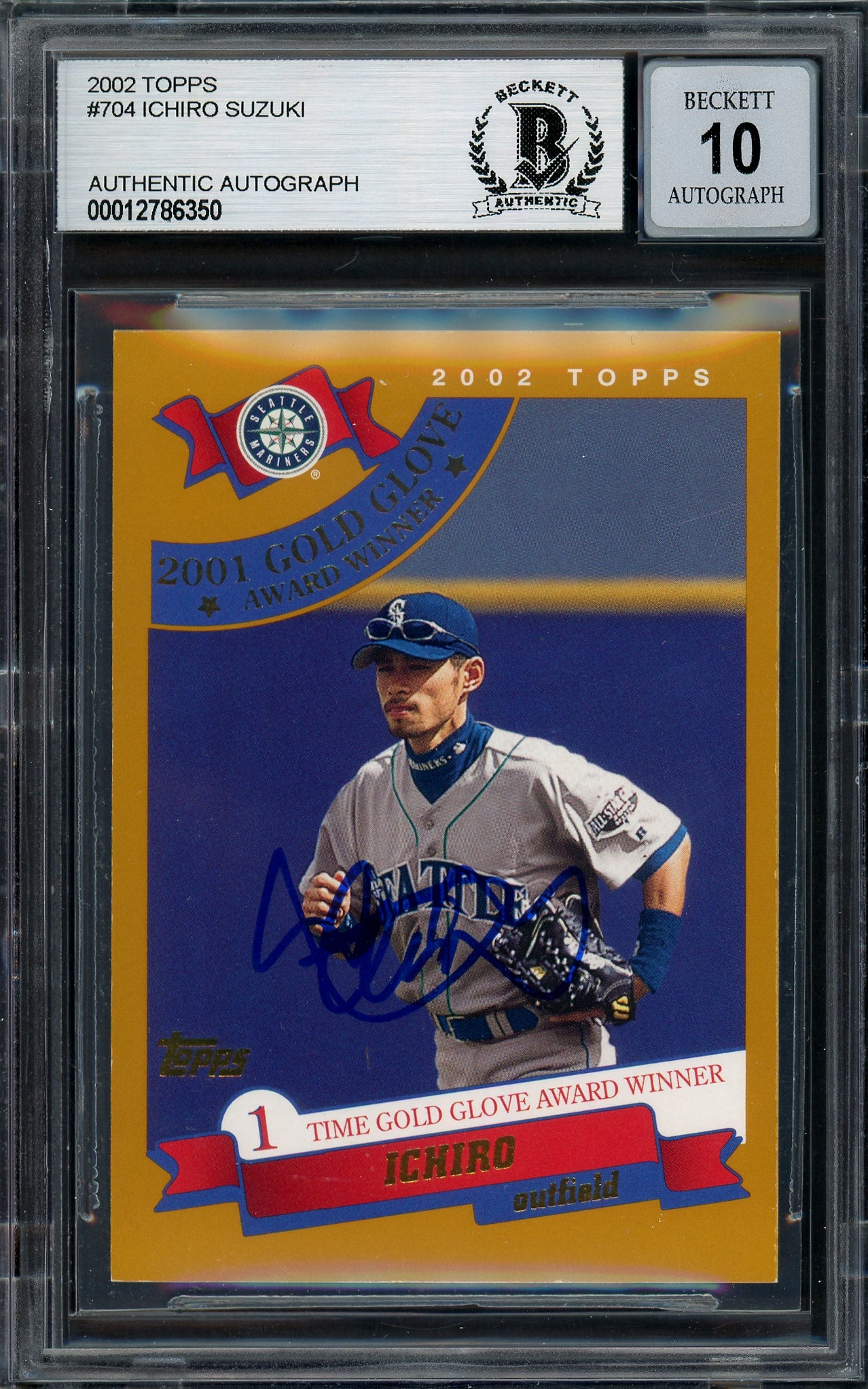 Ichiro Suzuki Autographed 2002 Topps Card #704 Seattle Mariners Auto Grade Gem Mint 10 Beckett BAS Stock #194321