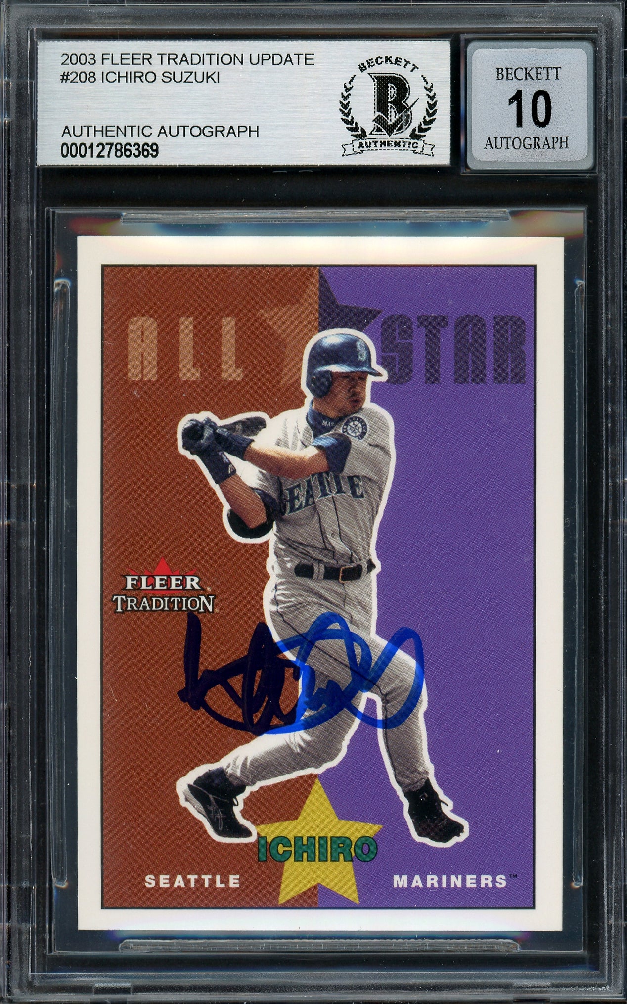 Ichiro Suzuki Autographed 2003 Fleer Tradition Update Card #U208 Seattle Mariners Auto Grade Gem Mint 10 Beckett BAS Stock #194327