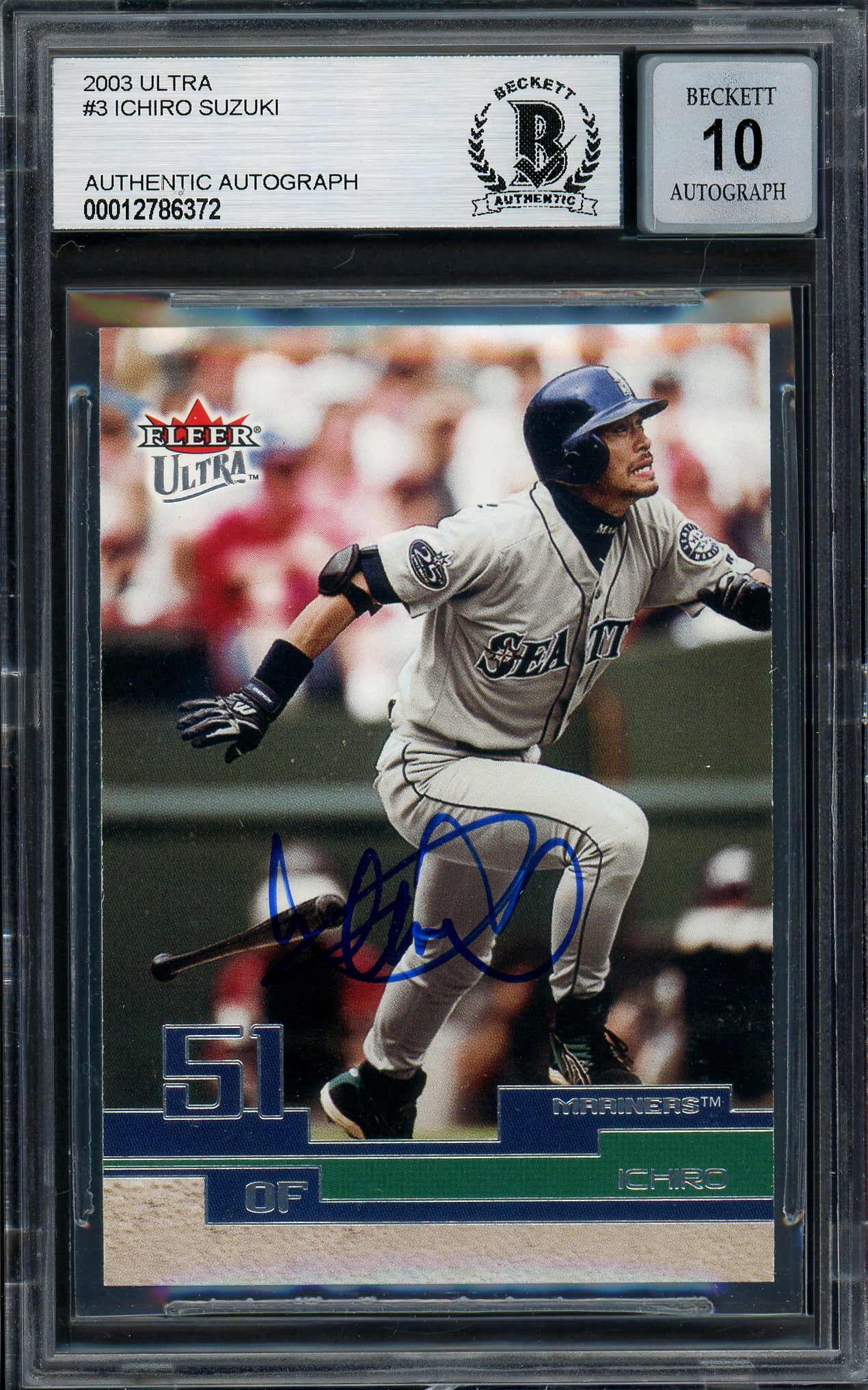 Ichiro Suzuki Autographed 2003 Fleer Ultra Card #3 Seattle Mariners Auto Grade Gem Mint 10 Beckett BAS #12786372