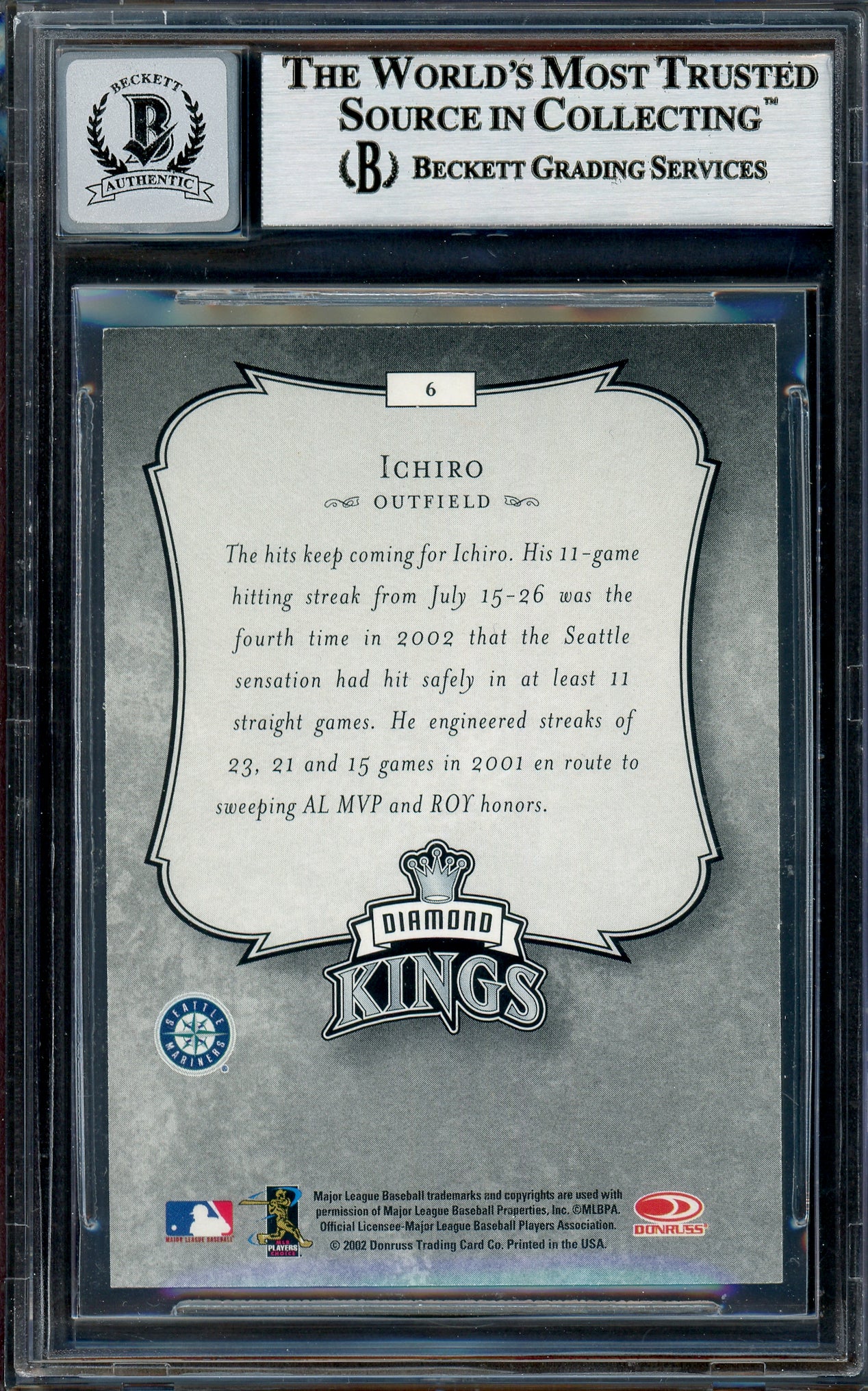 Ichiro Suzuki Autographed 2003 Donruss Diamond Kings Card #6 Seattle Mariners Auto Grade Gem Mint 10 Beckett BAS Stock #194331