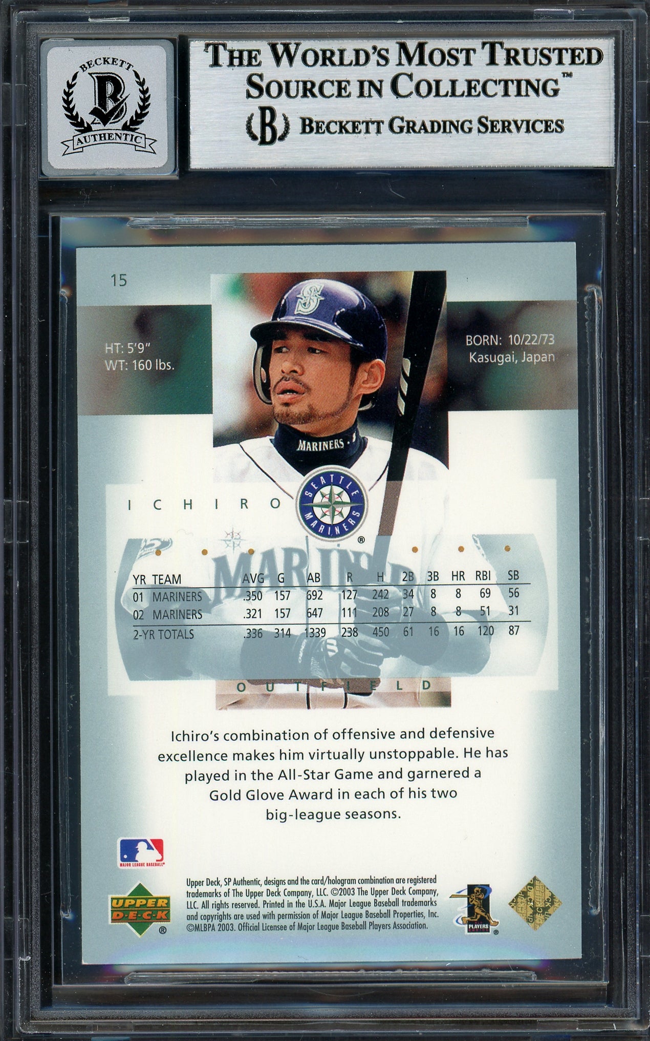 Ichiro Suzuki Autographed 2003 SP Authentic Card #15 Seattle Mariners Auto Grade Gem Mint 10 Beckett BAS Stock #194332