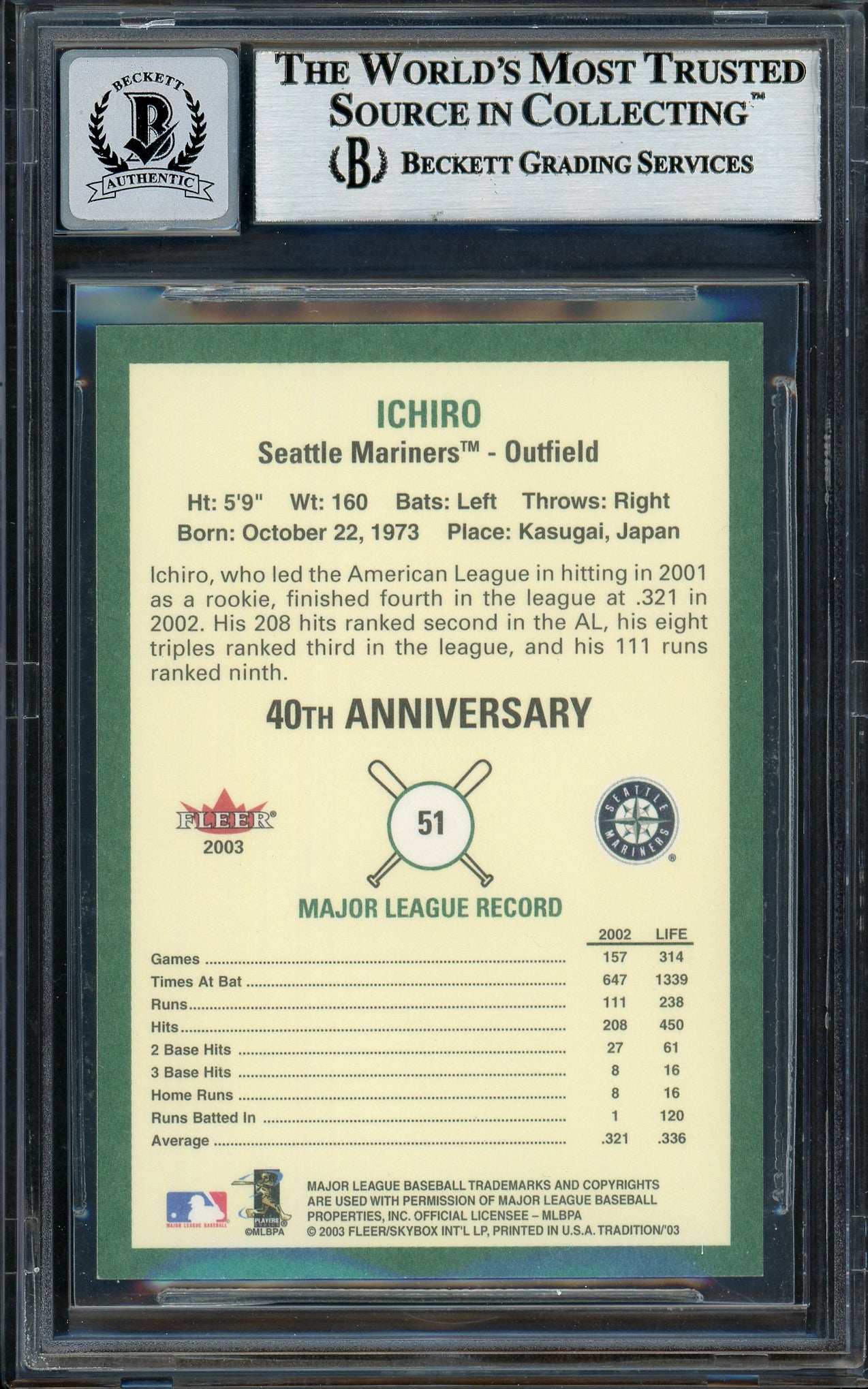 Ichiro Suzuki Autographed 2003 Fleer Tradition Card #51 Seattle Mariners Auto Grade Gem Mint 10 Beckett BAS #12786401