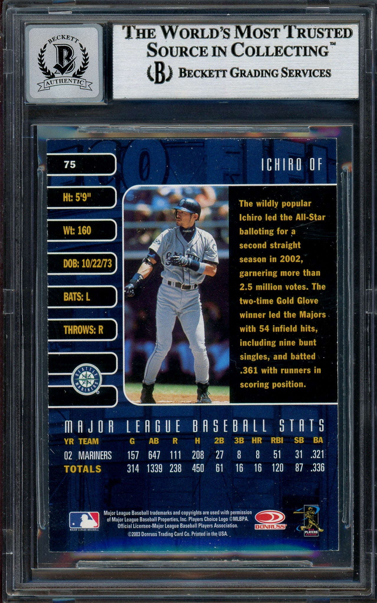 Ichiro Suzuki Autographed 2003 Donruss Studio Card #75 Seattle Mariners Auto Grade Gem Mint 10 Beckett BAS #12786422