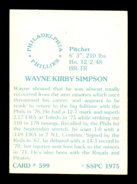 Wayne Simpson Autographed 1975 SSPC Card #599 Philadelphia Phillies SKU #204579