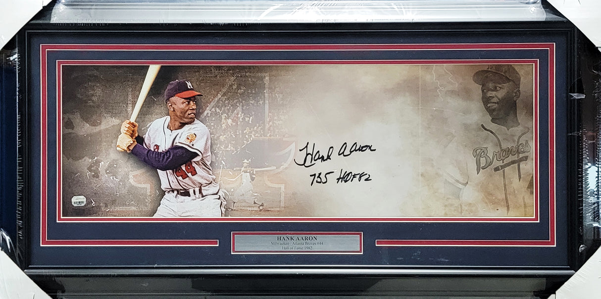 Hank Aaron Autographed Framed 10x30 Panoramic Photo Milwaukee Braves "755 HOF 82" Fanatics Holo #1087385
