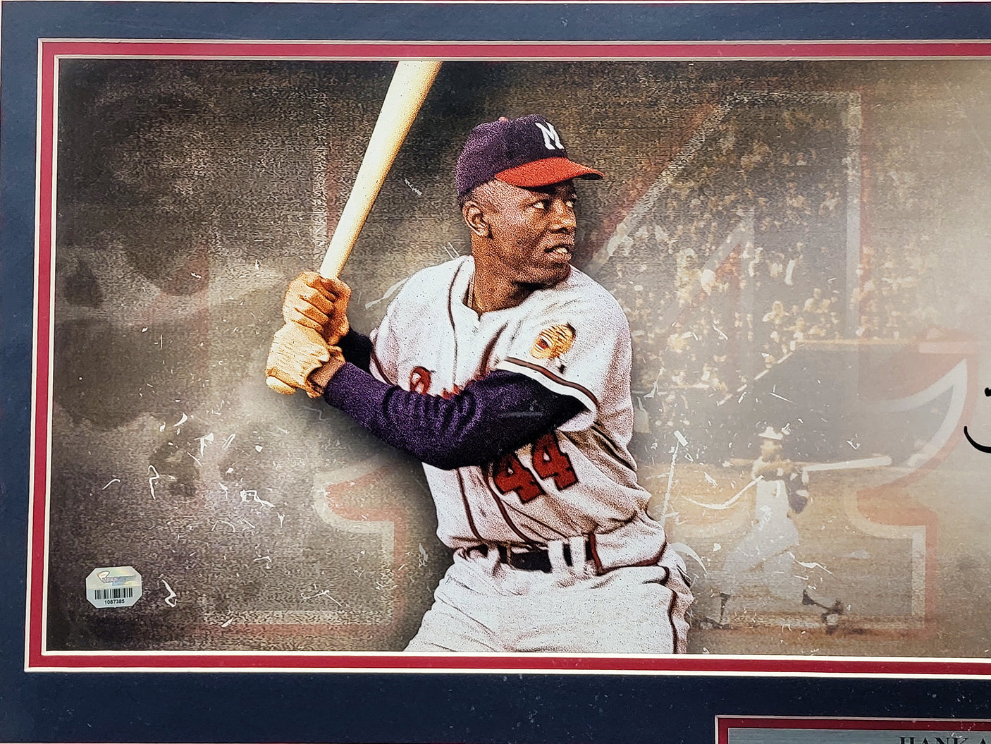 Hank Aaron Autographed Framed 10x30 Panoramic Photo Milwaukee Braves "755 HOF 82" Fanatics Holo #1087385