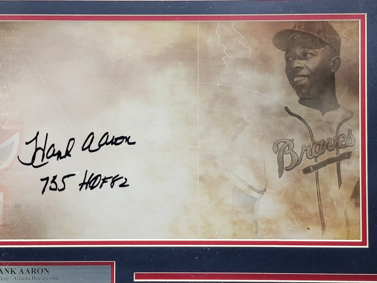Hank Aaron Autographed Framed 10x30 Panoramic Photo Milwaukee Braves "755 HOF 82" Fanatics Holo #1087385