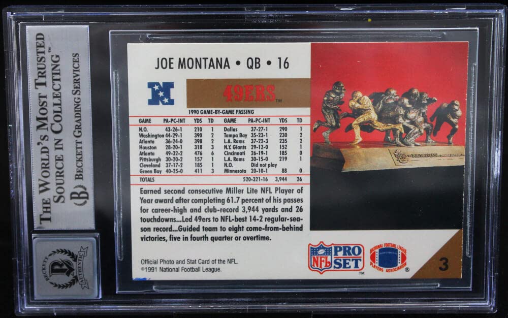 1991 Pro Set #3 Joe Montana Auto San Francisco 49ers BGS Autograph 10