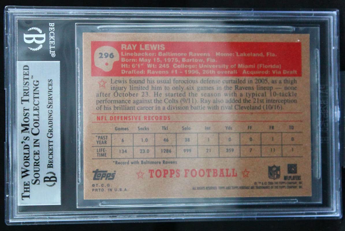 2006 Topps Heritage #296 Ray Lewis Baltimore Ravens BGS Autograph 10