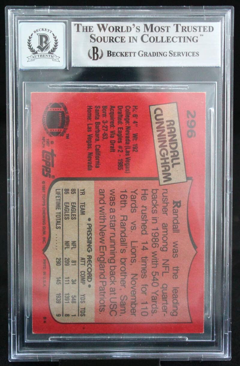 1987 Topps #296 Randall Cunningham Philadelphia Eagles BGS Autograph 10