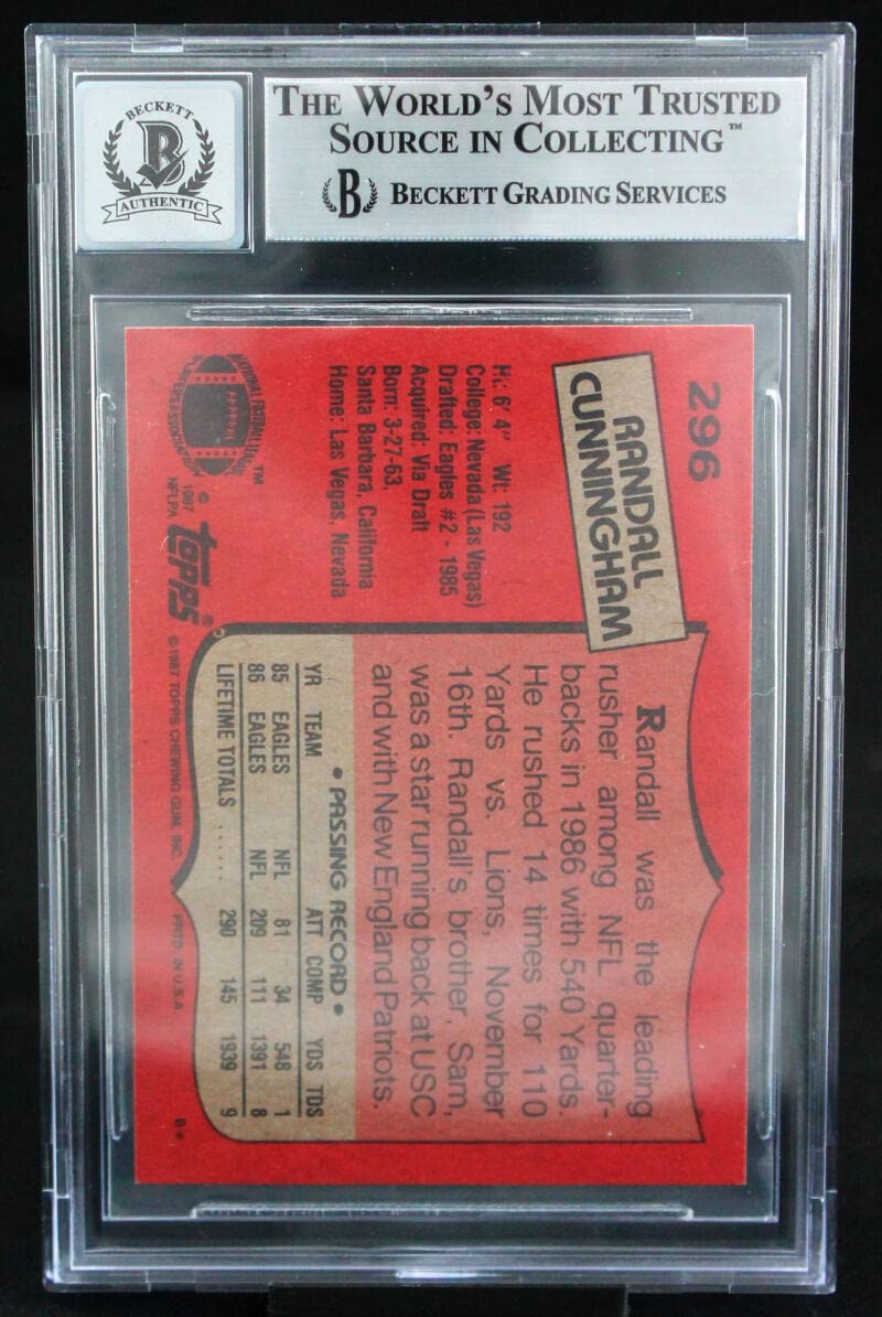 1987 Topps #296 Randall Cunningham Philadelphia Eagles BGS Autograph 10