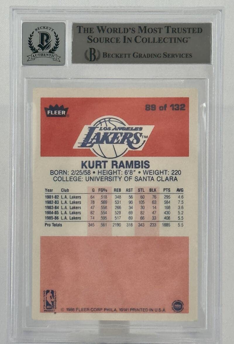 1986-87 Fleer #89 Kurt Rambis Auto Los Angles Lakers BGS Autograph 10