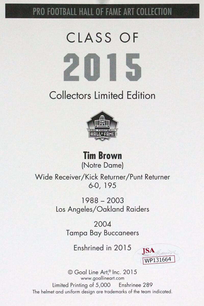 Tim Brown Autographed Oakland Raiders Goal Line Art Card- JSA Witnessed Auth