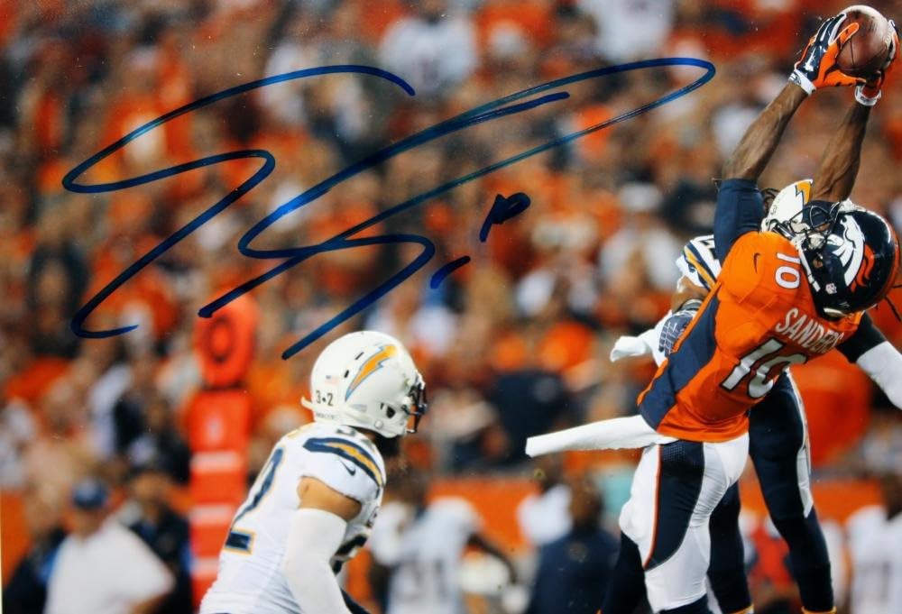 Emmanuel Sanders Autographed Broncos 8x10 Leap for Ball Photo- JSA Witness Auth
