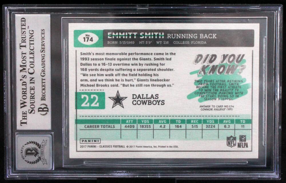2017 Classics #174 Emmitt Smith Dallas Cowboys BGS Autograph 10