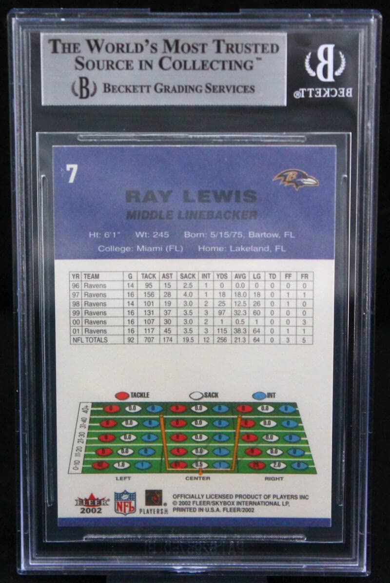 2002 Fleer Tradition #7 Ray Lewis Baltimore Ravens BGS Autograph 10