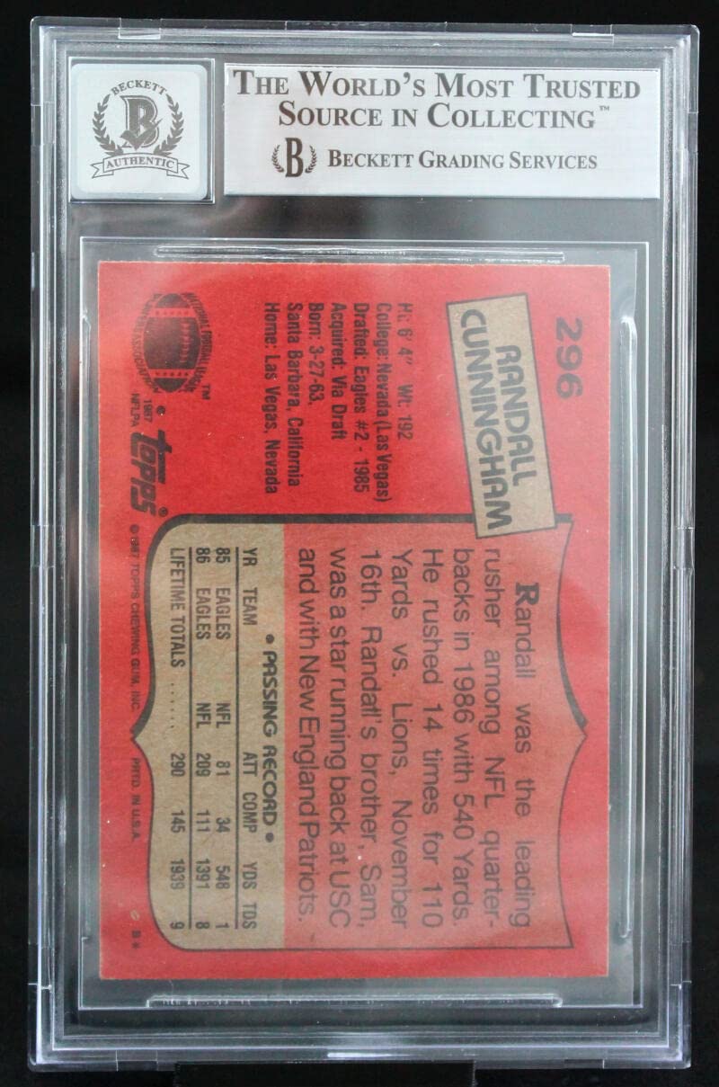 1987 Topps #296 Randall Cunningham Philadelphia Eagles BGS Autograph 10