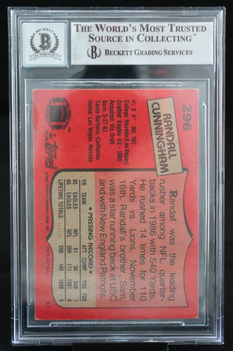 1987 Topps #296 Randall Cunningham Philadelphia Eagles BGS Autograph 10