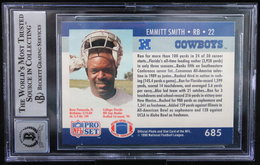 1990 Pro Set #685 Emmitt Smith Auto Dallas Cowboys BGS Autograph 10