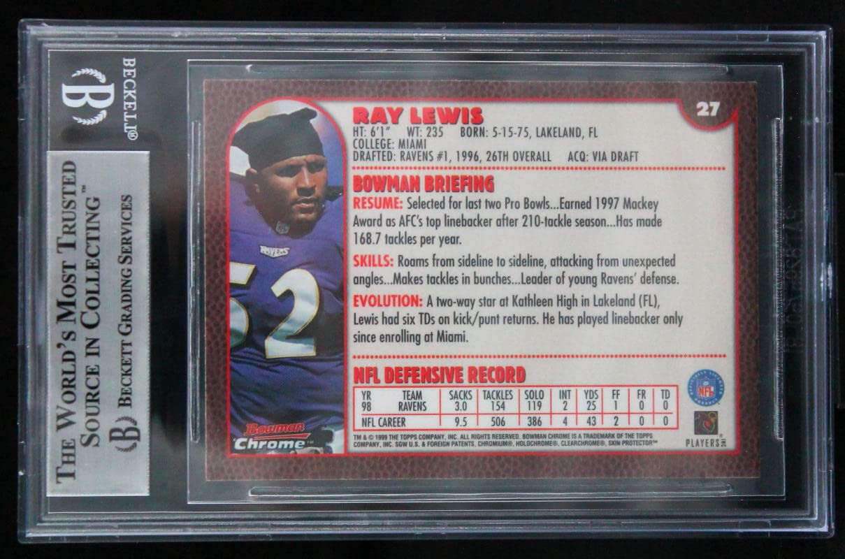 1999 Bowman Chrome #27 Ray Lewis Baltimore Ravens BGS Autograph 10