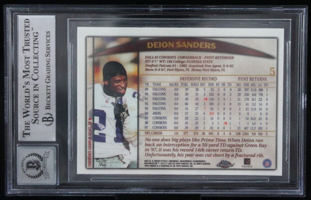 1998 Topps Chrome #5 Deion Sanders Dallas Cowboys BGS Autograph 10