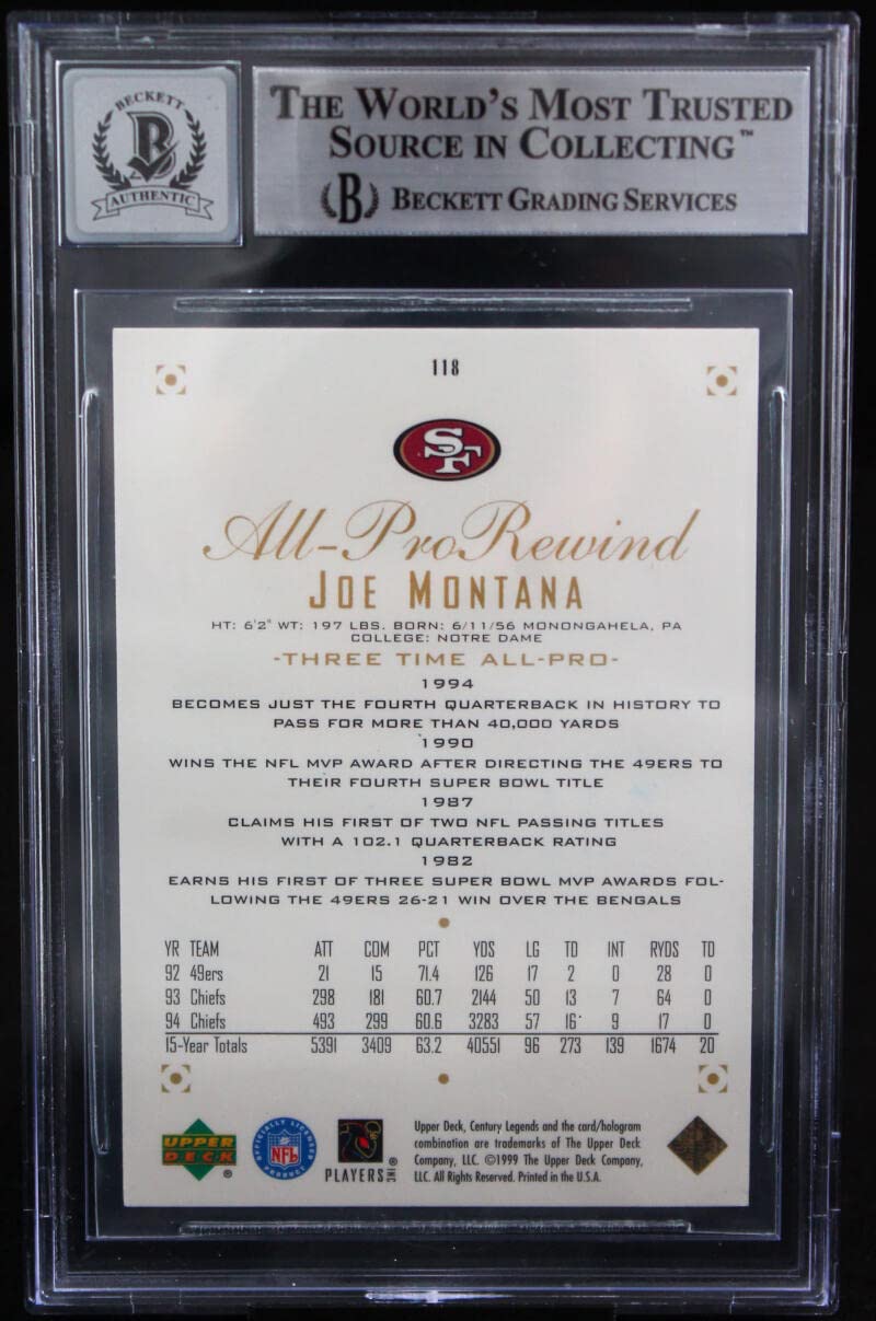 1999 UD Century Legends #118 Joe Montana Auto 49ers BGS Autograph 10