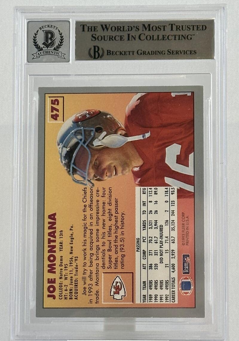 1993 Fleer #475 Joe Montana Auto San Francisco 49ers BGS Autograph 10