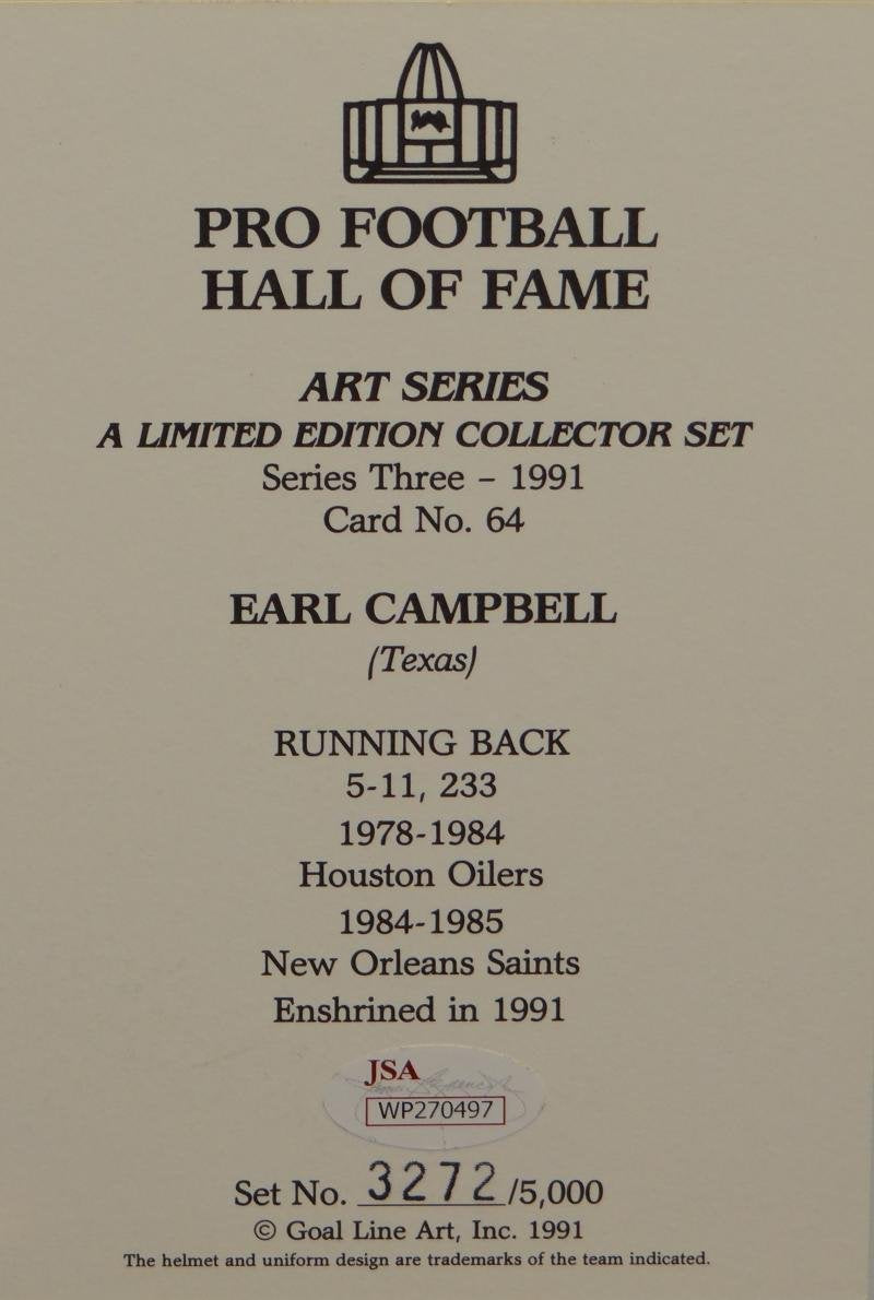 Earl Campbell Autographed Houston Oilers Goal Line Art Card W/ HOF- JSA W Auth