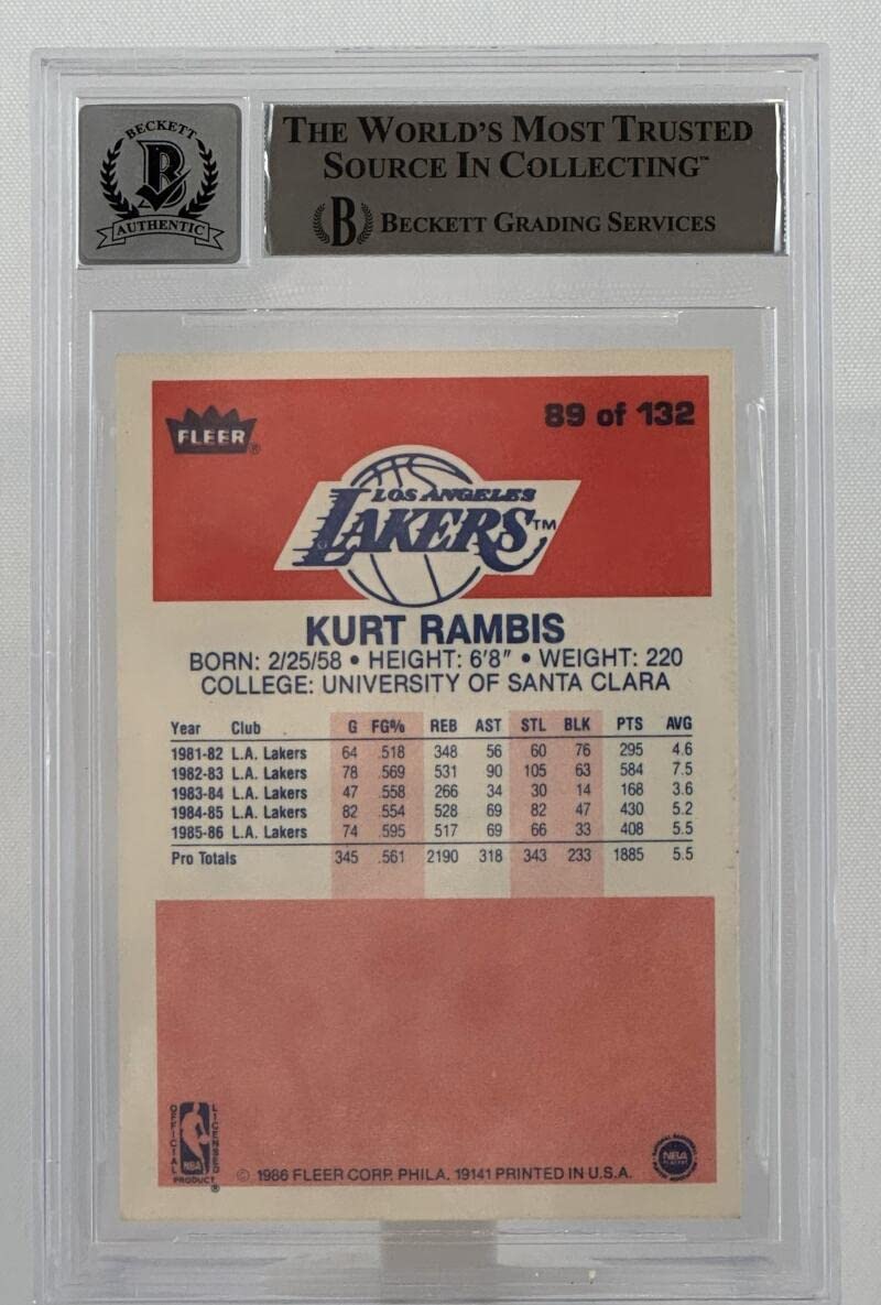 1986-87 Fleer #89 Kurt Rambis Auto Los Angles Lakers BGS Autograph 10