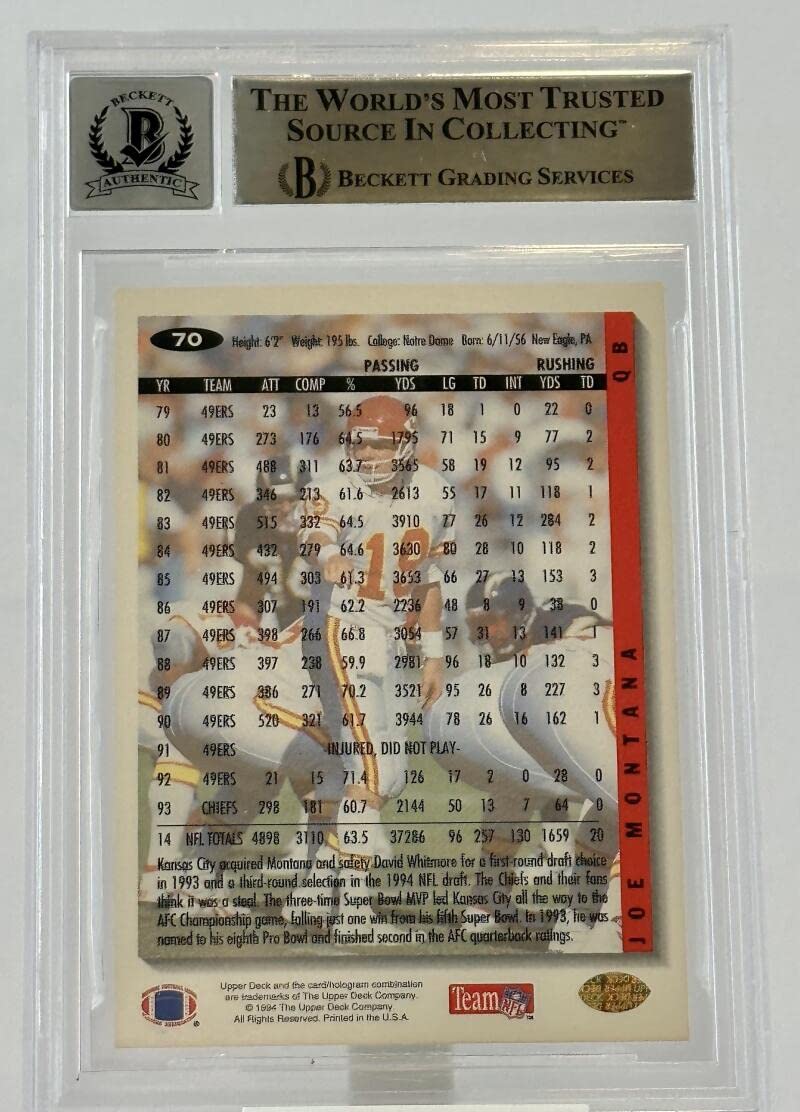 1994 Collector's Choice #70 Joe Montana Auto Kansas City Chiefs BGS Autograph 10