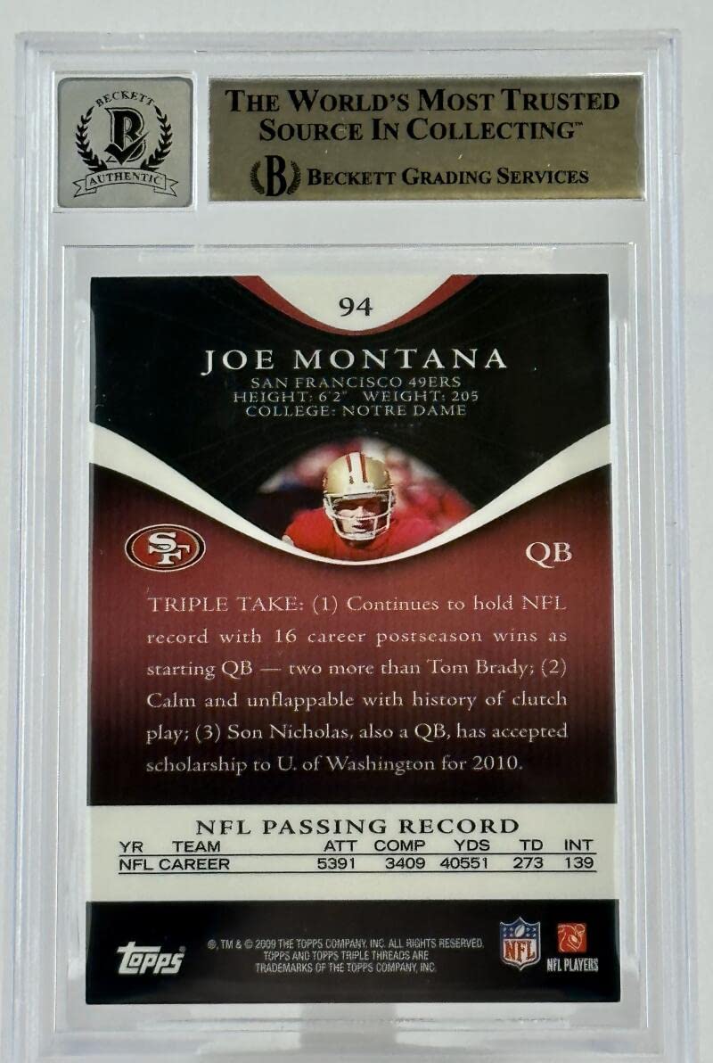 2009 Topps Triple Threads #94 Joe Montana Auto SF 49ers BGS Autograph 10