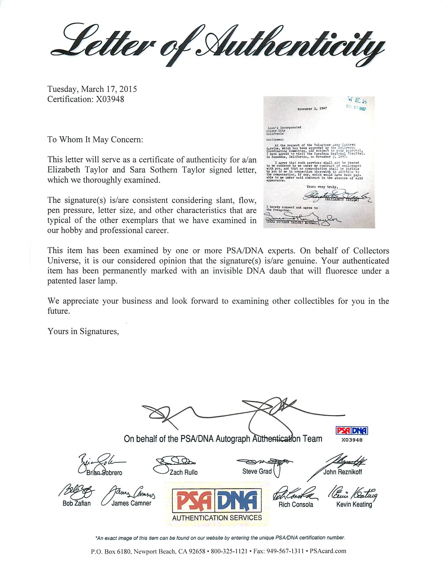 Elizabeth Taylor Signed 8.5x11 Letter Dated November 3rd 1947 PSA/DNA #X03948