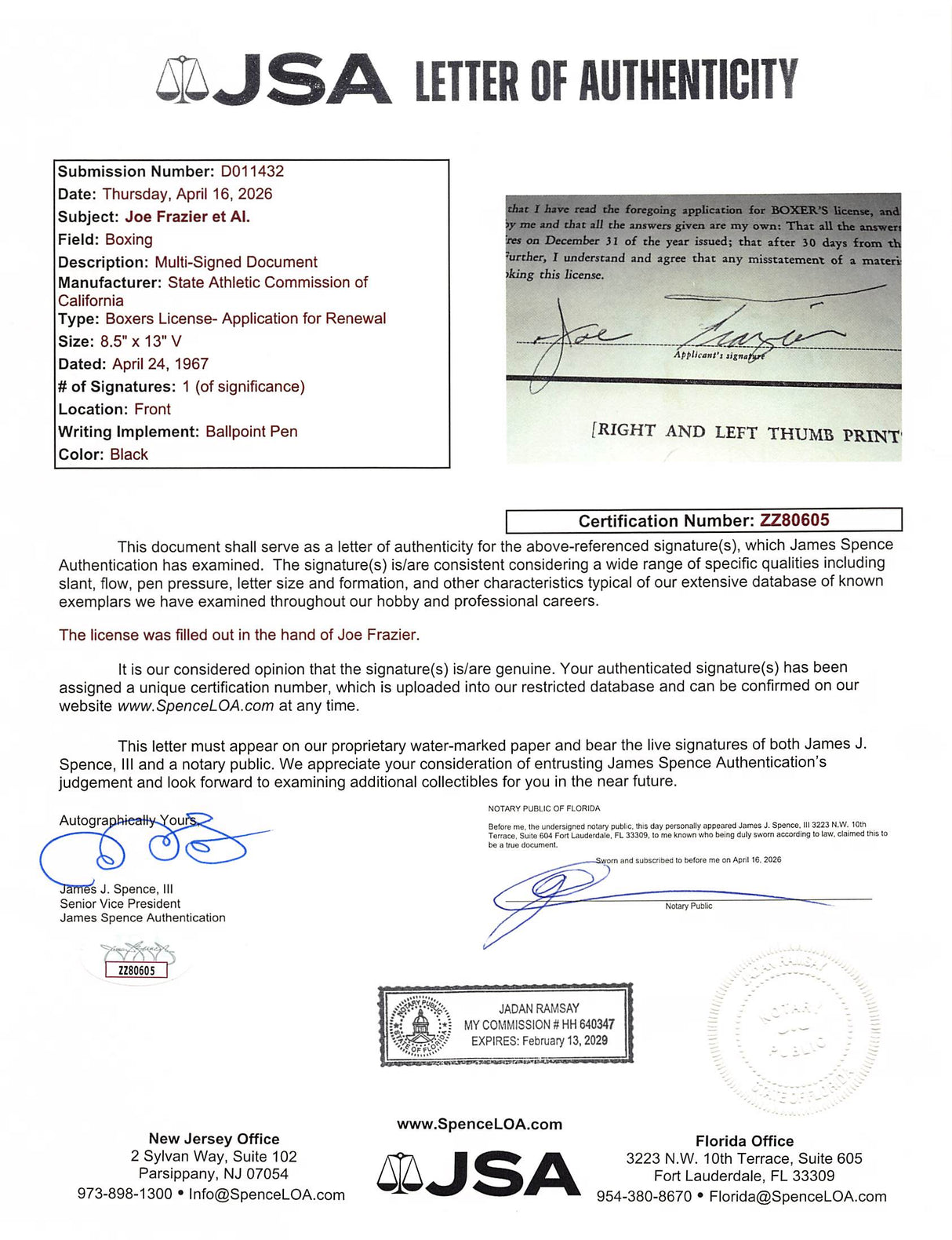 Joe Frazier Authentic Signed 8.5x13 1967 Boxing License Renewal App JSA #ZZ80605