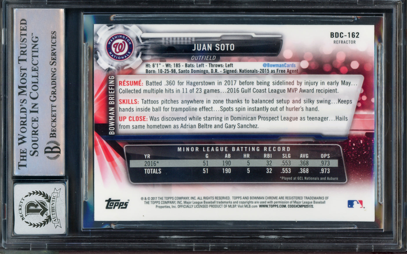 Juan Soto Autographed 2017 Bowman Chrome Draft Refractor Rookie Card #BDC162 New York Mets Auto Grade Gem Mint 10 Beckett BAS #14235093
