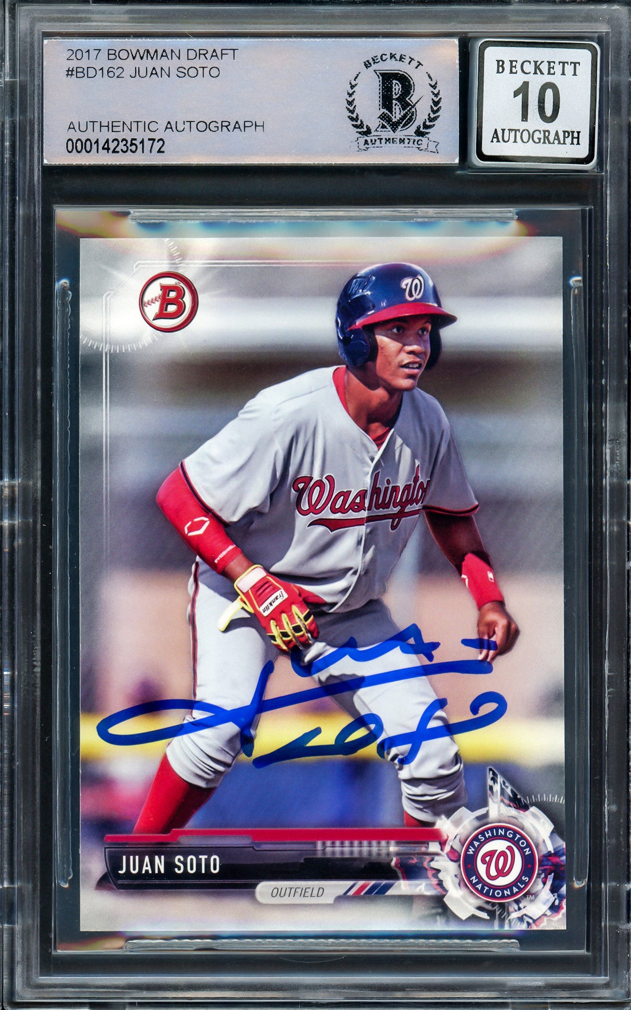 Juan Soto Autographed 2017 Bowman Draft Rookie Card #BD162 New York Mets Auto Grade Gem Mint 10 Beckett BAS Stock #205932