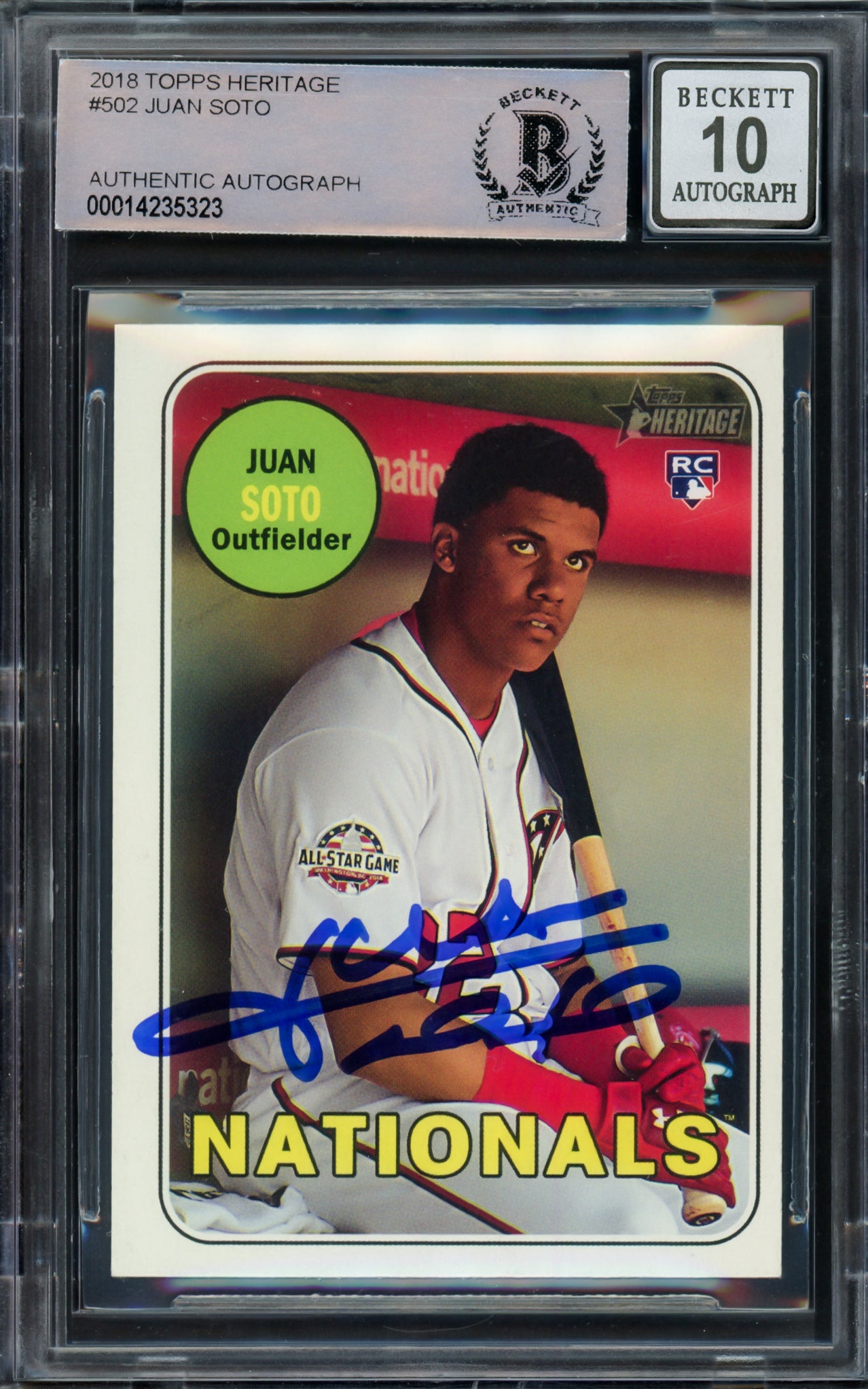 Juan Soto Autographed 2018 Topps Heritage Rookie Card #502 New York Mets Auto Grade Gem Mint 10 (Off Center) Beckett BAS #14235323
