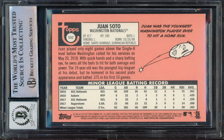 Juan Soto Autographed 2018 Topps Heritage Rookie Card #502 New York Yankees Auto Grade Gem Mint 10 (Off Center) Beckett BAS #14235323