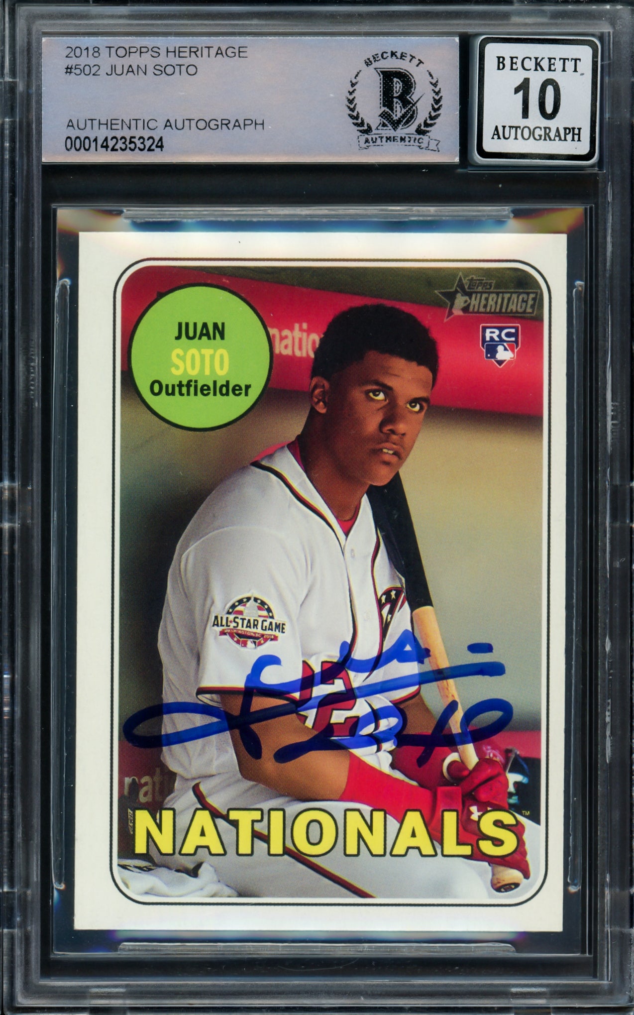 Juan Soto Autographed 2018 Topps Heritage Rookie Card #502 New York Mets Auto Grade Gem Mint 10 (Off Center) Beckett BAS #14235324