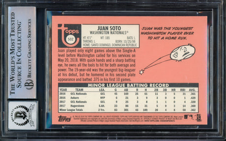 Juan Soto Autographed 2018 Topps Heritage Rookie Card #502 New York Yankees Auto Grade Gem Mint 10 (Off Center) Beckett BAS #14235324