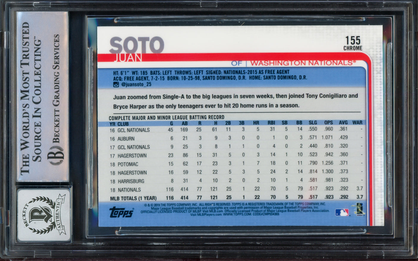 Juan Soto Autographed 2019 Topps Chrome Card #155 New York Yankees Auto Grade Gem Mint 10 Beckett BAS #14235343