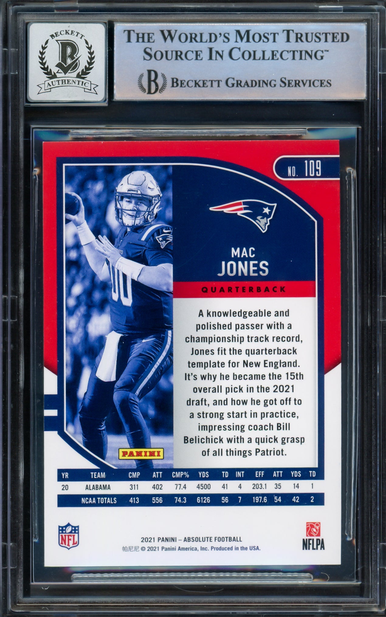 Mac Jones Autographed 2021 Panini Absolute Red Rookie Card #109 New England Patriots Auto Grade Gem Mint 10 Beckett BAS #14235868