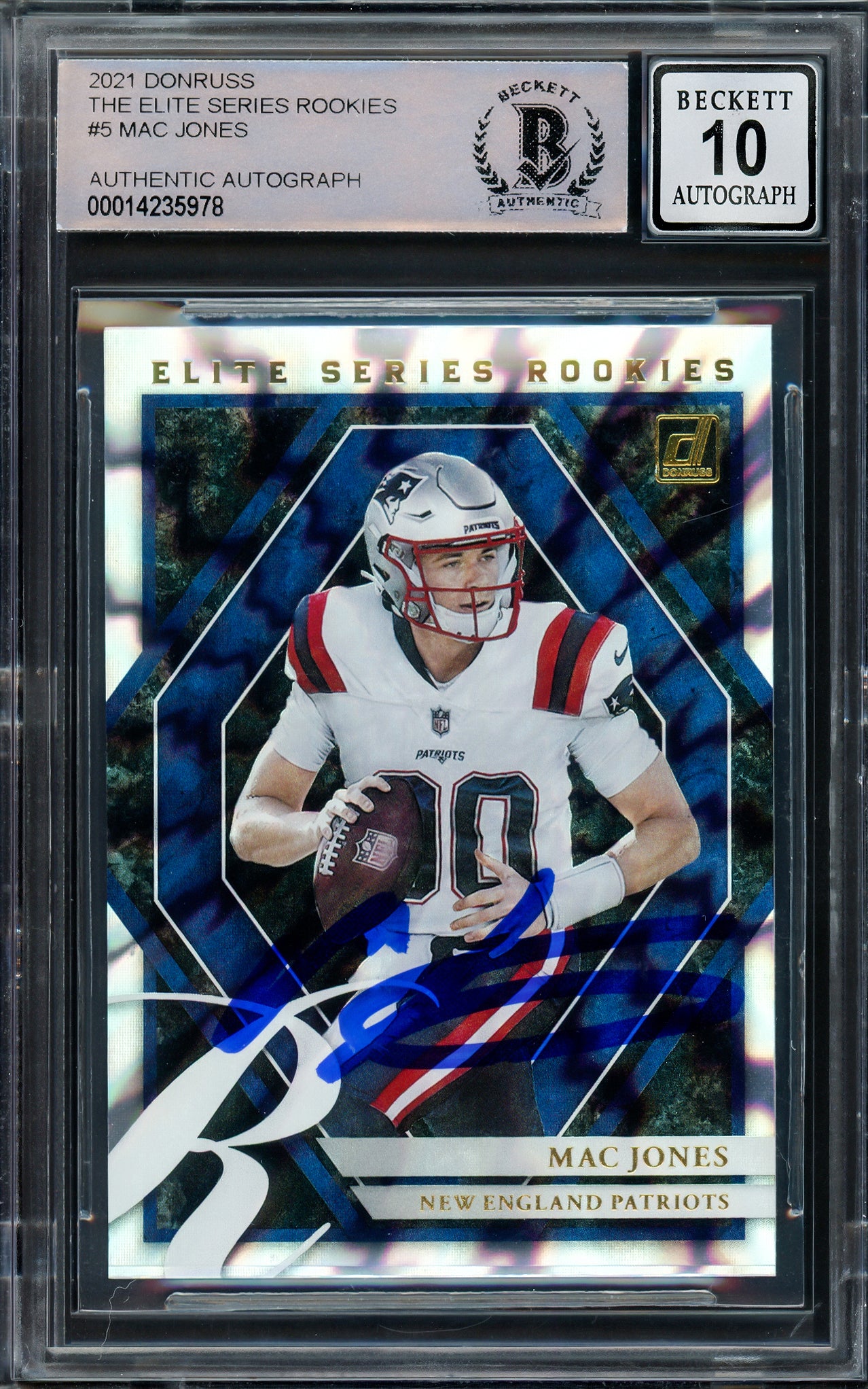 Mac Jones Autographed 2021 Panini Donruss Elite Series Rookie Card #ESR-MJO New England Patriots Auto Grade Gem Mint 10 Beckett BAS Stock #205971
