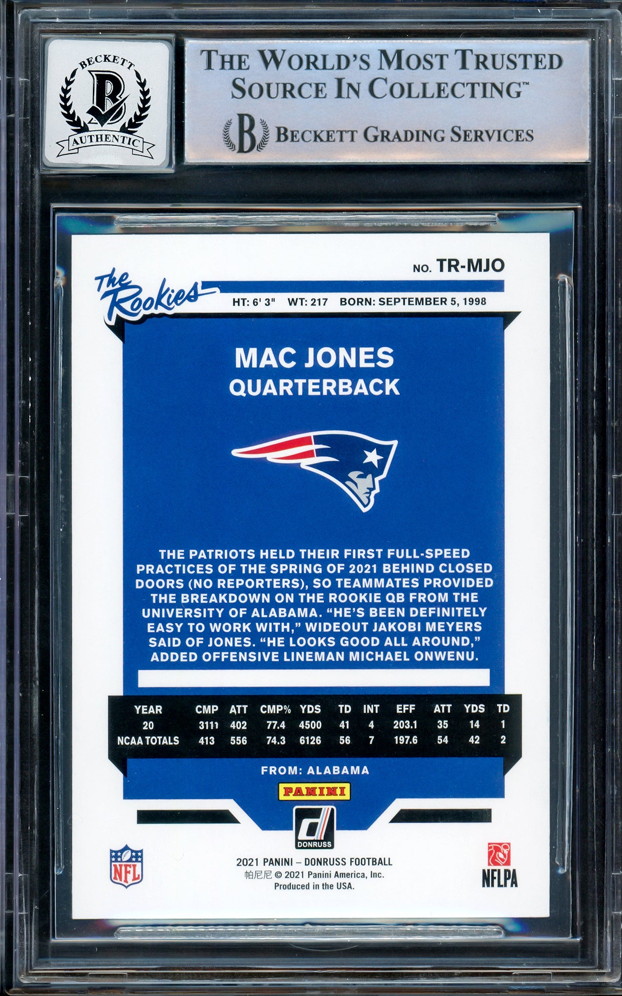 Mac Jones Autographed 2021 Panini Donruss The Rookies Rookie Card #TR-MJO New England Patriots Auto Grade Gem Mint 10 Beckett BAS Stock #205972