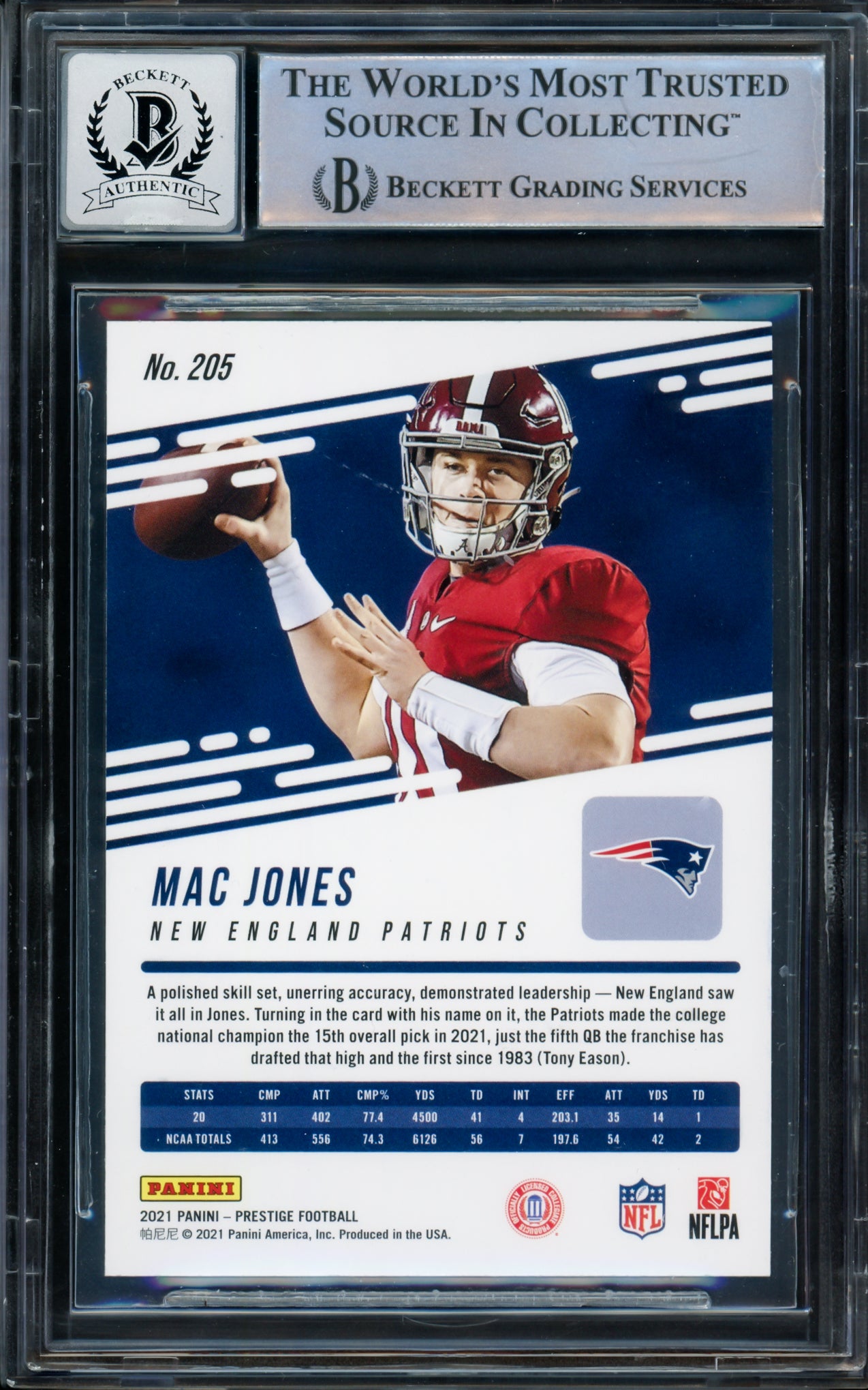 Mac Jones Autographed 2021 Panini Prestige Astral Stars Rookie Card #205 New England Patriots Auto Grade Gem Mint 10 Beckett BAS #14236018