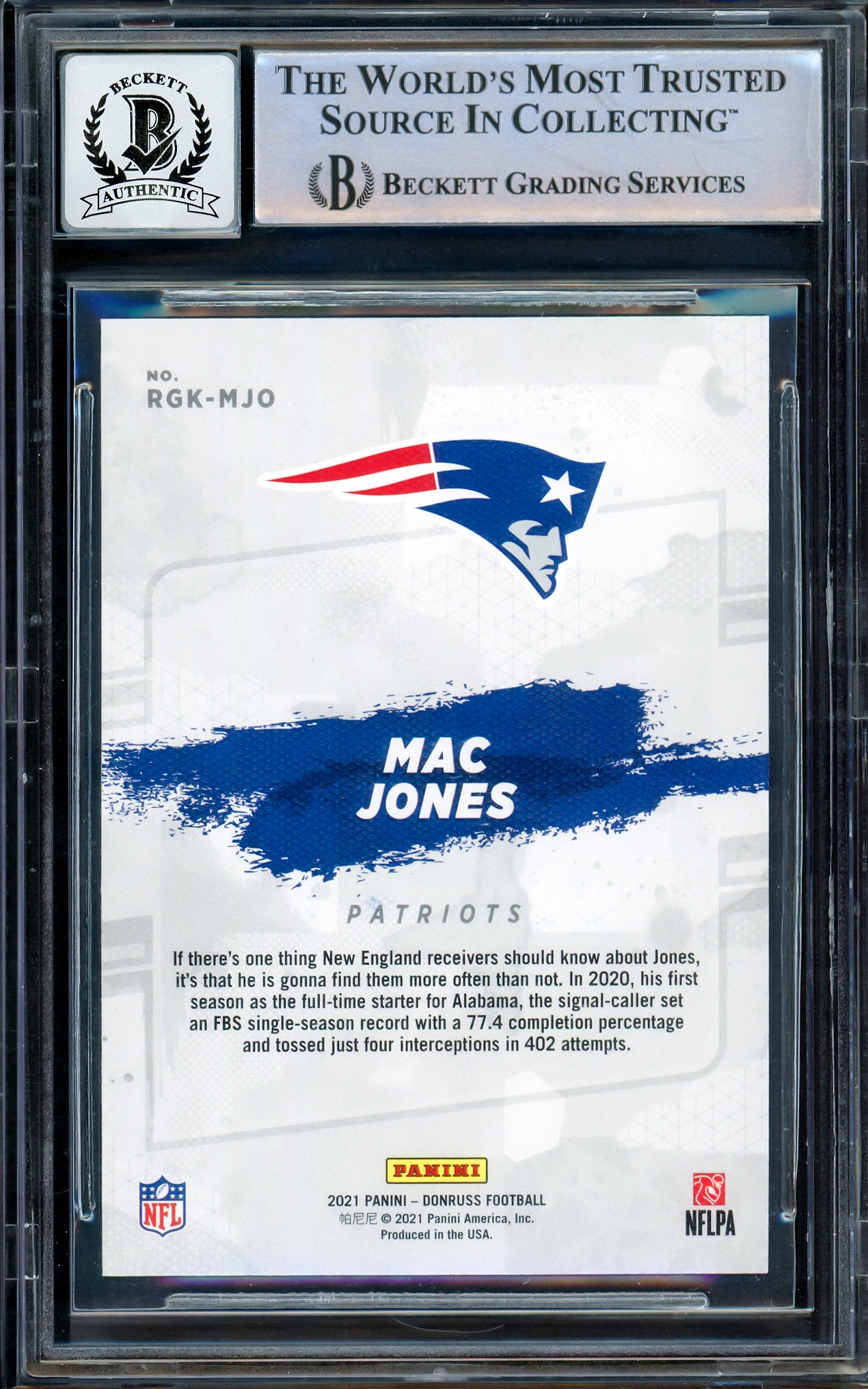 Mac Jones Autographed 2021 Donruss Gridiron Kings Rookie Card #RGK-MJO New England Patriots Auto Grade Gem Mint 10 Beckett BAS Stock #205986
