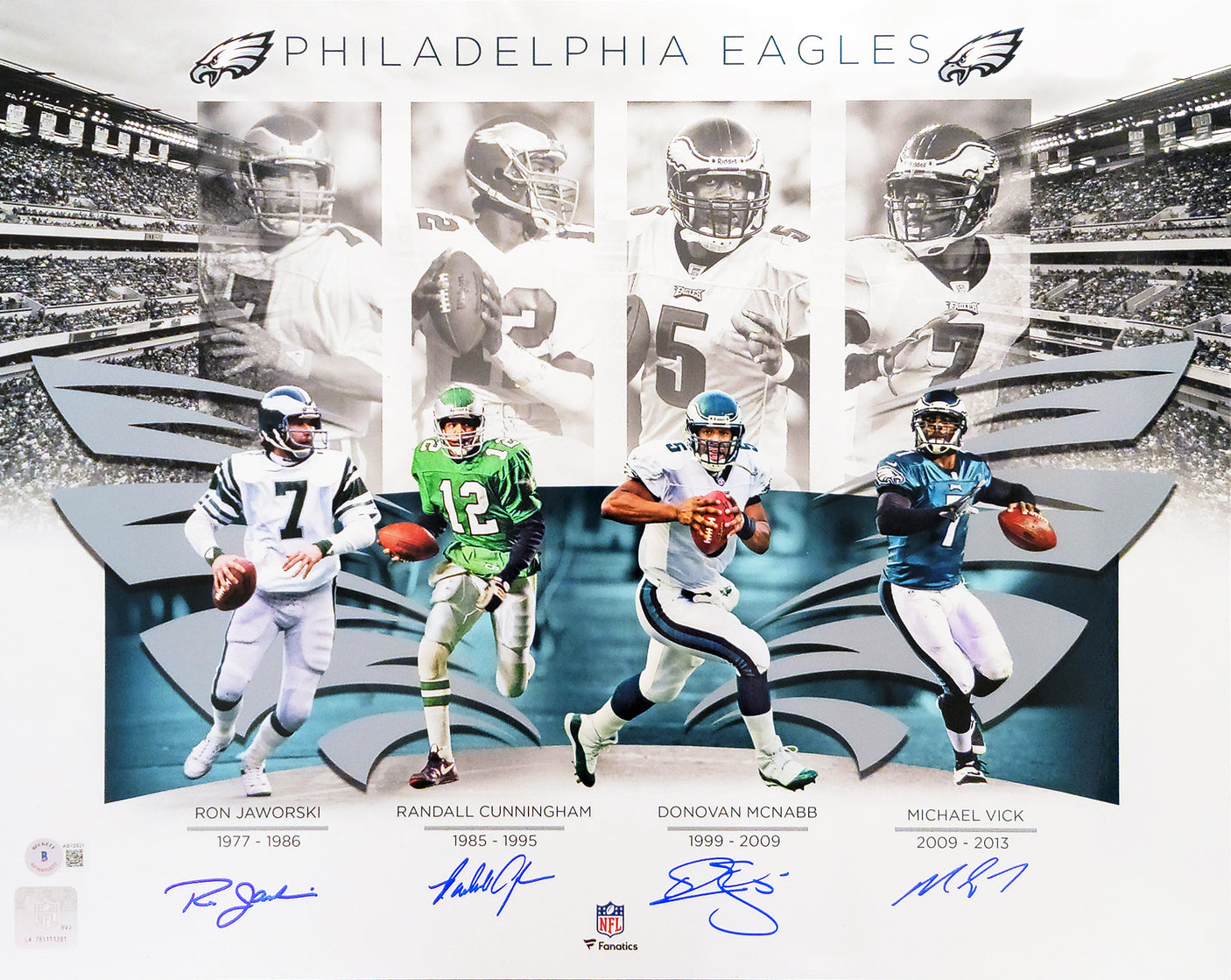Philadelphia Eagles Quarterbacks Autographed 16x20 Photo With 4 Signatures Including Randall Cunningham & Donovan McNabb Beckett BAS Stock #206005