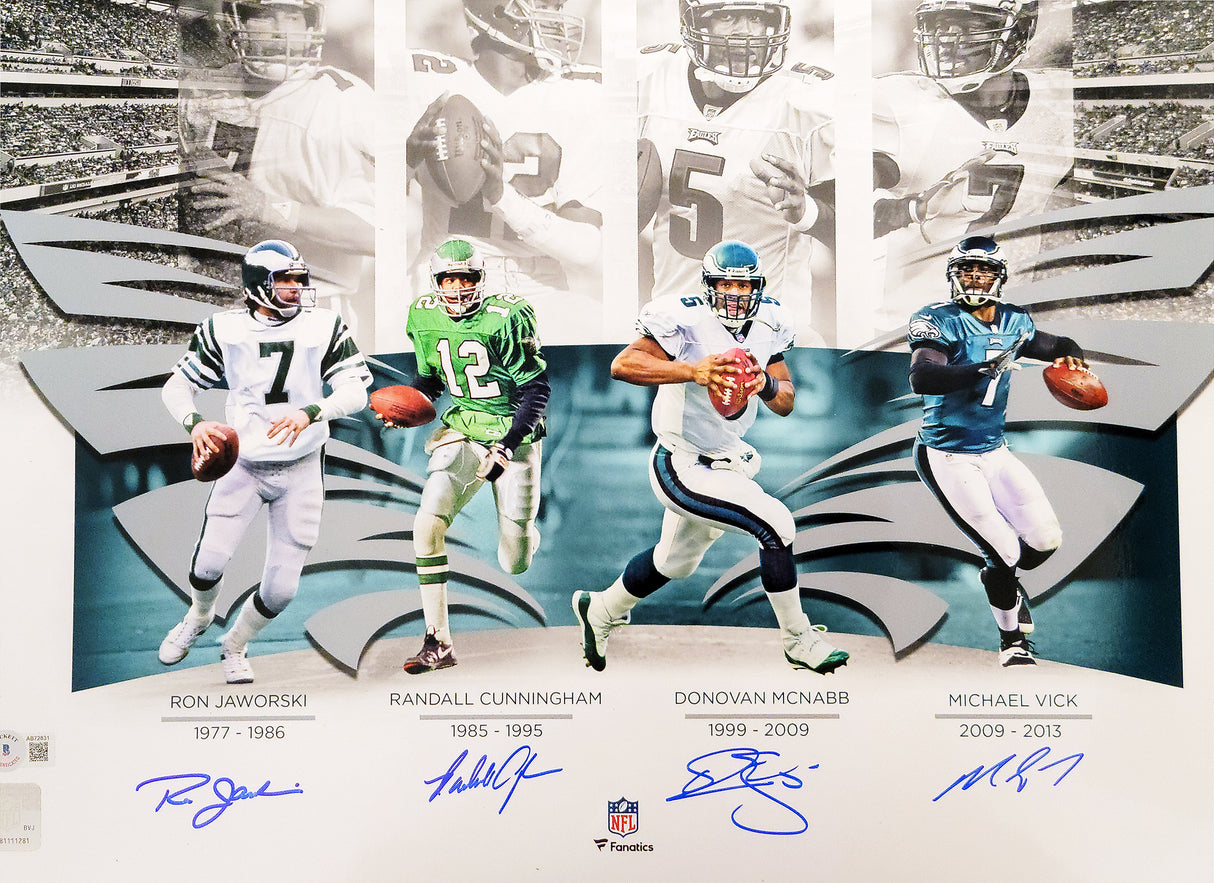 Philadelphia Eagles Quarterbacks Autographed 16x20 Photo With 4 Signatures Including Randall Cunningham & Donovan McNabb Beckett BAS Stock #206005