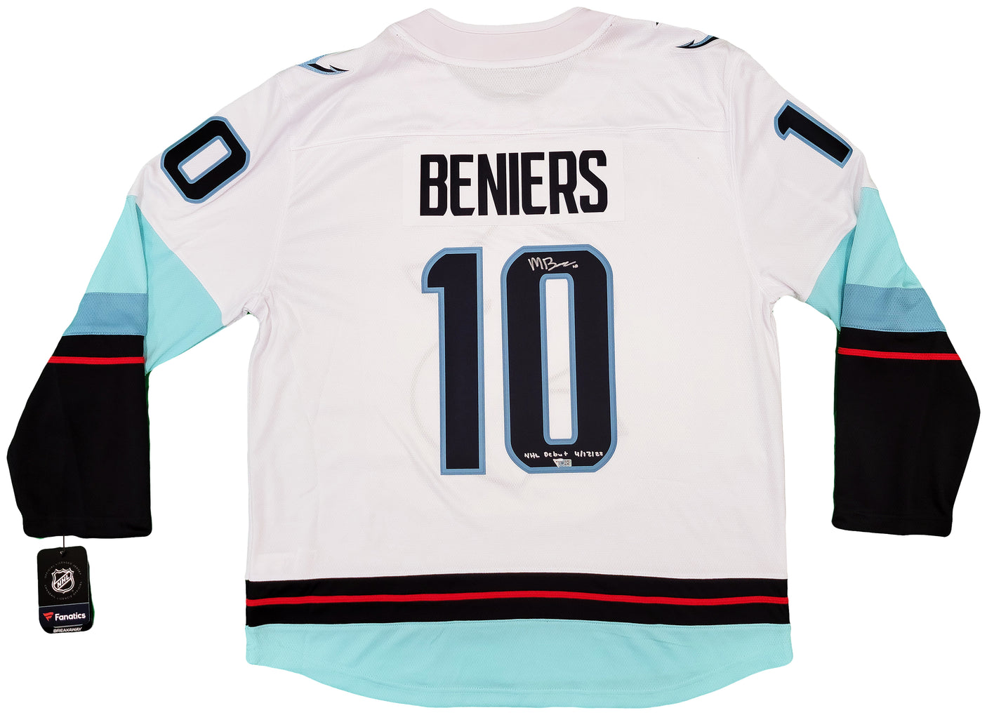 Seattle Kraken Matty Beniers Autographed White Fanatics Jersey Size XL With Inaugural Patch "NHL Debut" Fanatics Holo Stock #206008